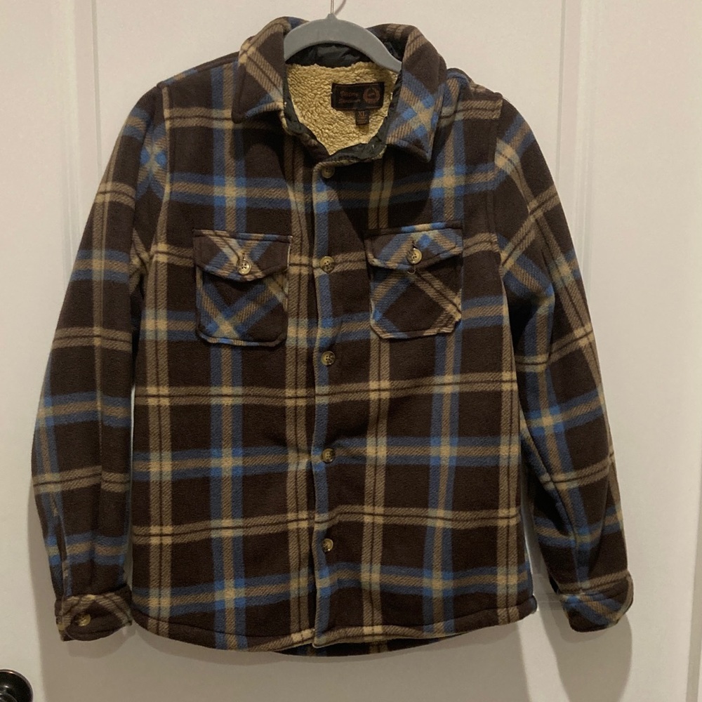 Victory Sportswear Sherpa Lined Brown and Blue Plaid Kids Jacket.